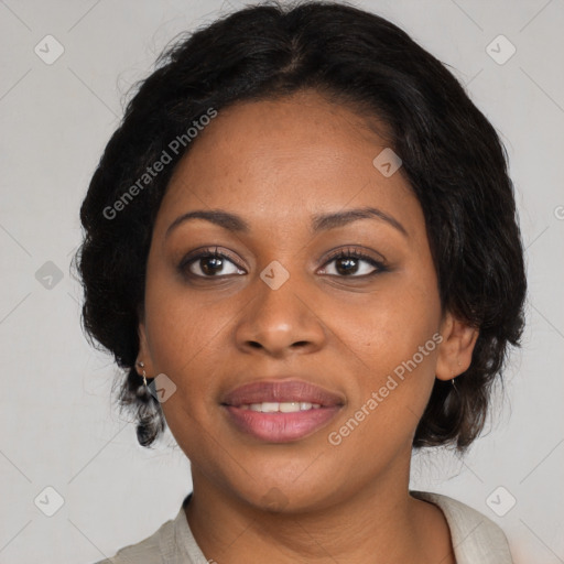 Joyful black young-adult female with medium  black hair and brown eyes