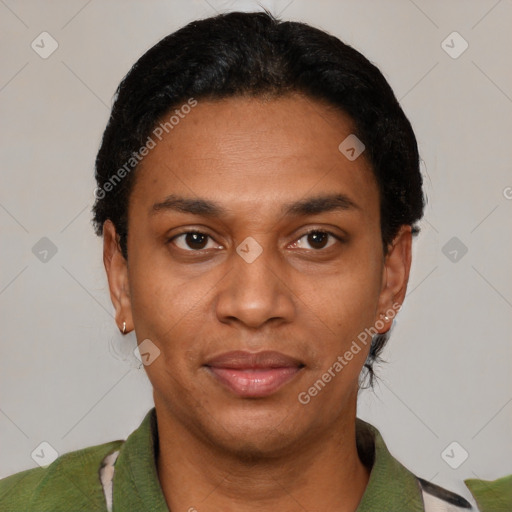 Joyful black adult female with short  black hair and brown eyes