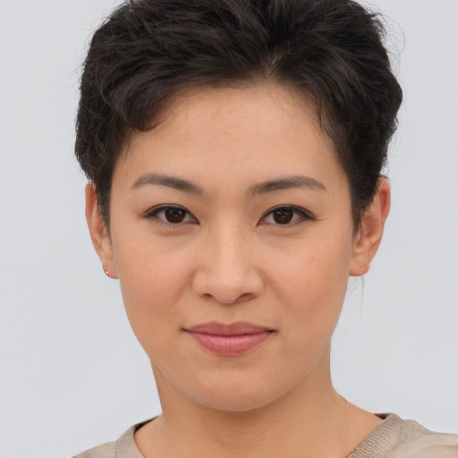 Joyful asian young-adult female with short  brown hair and brown eyes