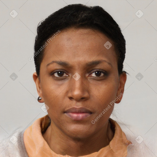 Neutral black young-adult female with short  brown hair and brown eyes