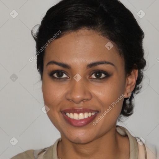 Joyful latino young-adult female with medium  brown hair and brown eyes