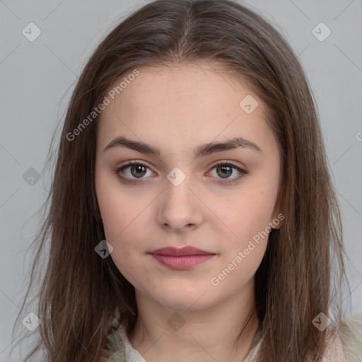 Neutral white young-adult female with long  brown hair and brown eyes