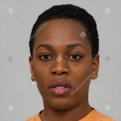 Neutral black young-adult female with short  black hair and brown eyes