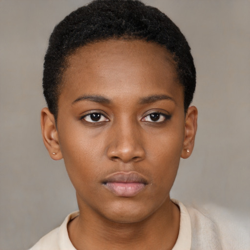 Neutral black young-adult female with short  black hair and brown eyes