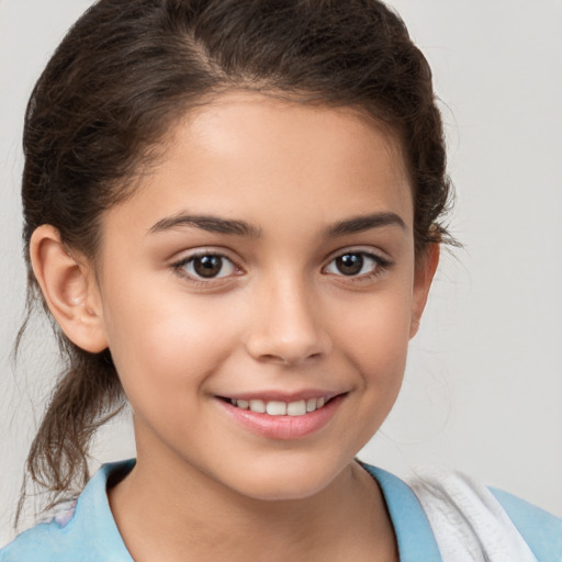 Joyful white child female with medium  brown hair and brown eyes