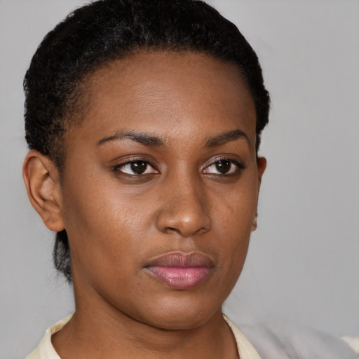 Neutral black young-adult female with short  brown hair and brown eyes