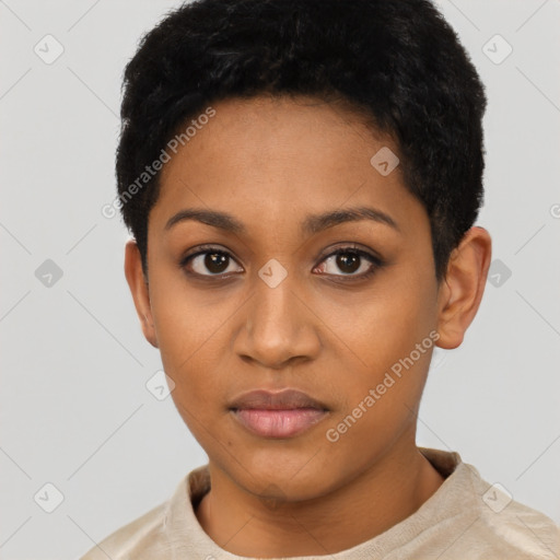 Neutral latino young-adult female with short  black hair and brown eyes