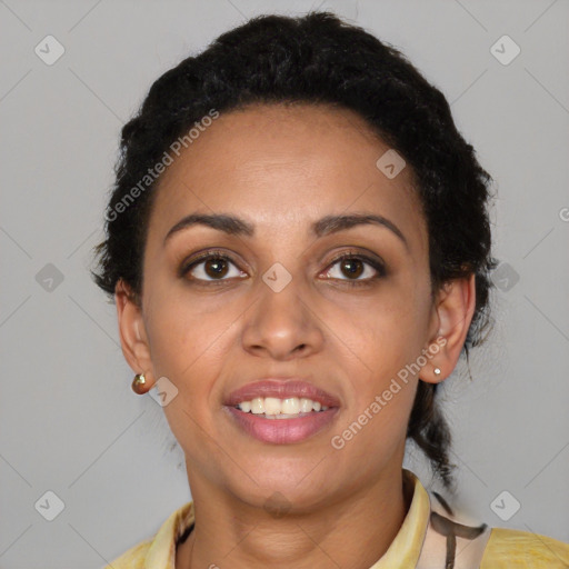 Joyful latino young-adult female with short  black hair and brown eyes