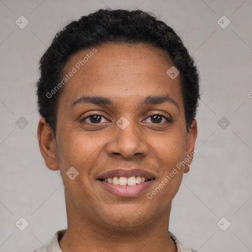 Joyful latino young-adult female with short  black hair and brown eyes