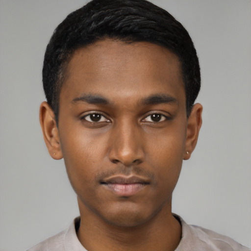 Neutral black young-adult male with short  black hair and brown eyes
