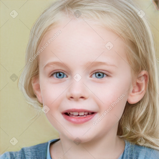 Joyful white child female with medium  brown hair and blue eyes