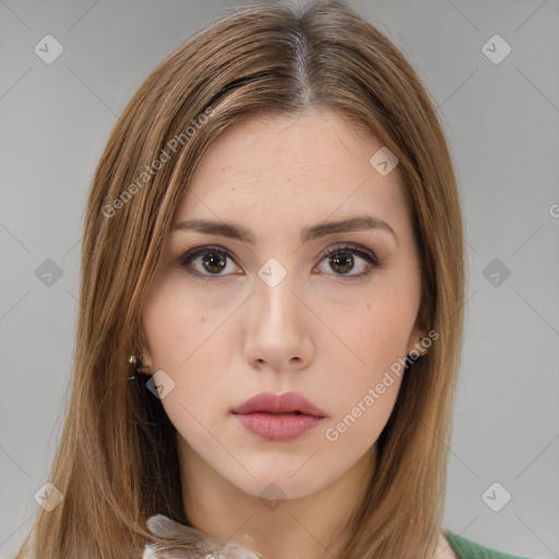 Neutral white young-adult female with medium  brown hair and brown eyes