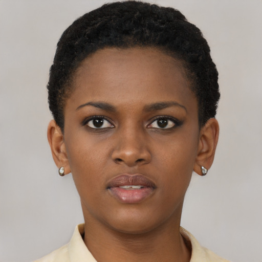 Neutral black young-adult female with short  brown hair and brown eyes