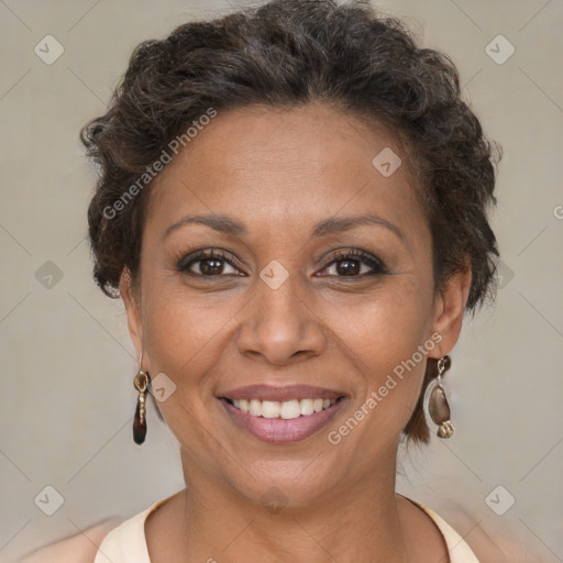 Joyful white adult female with short  brown hair and brown eyes