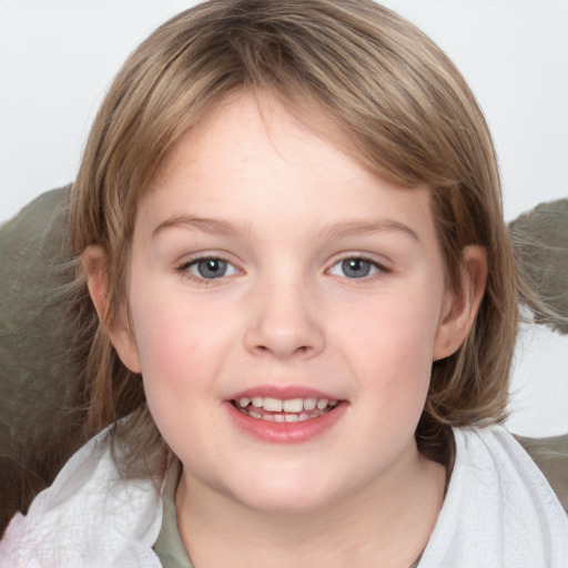 Joyful white child female with medium  brown hair and blue eyes