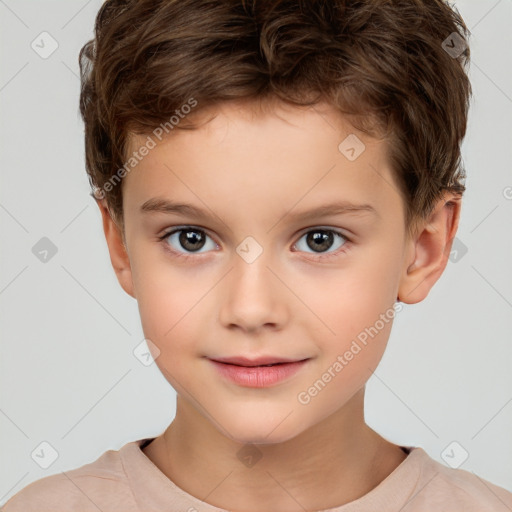 Joyful white child male with short  brown hair and brown eyes