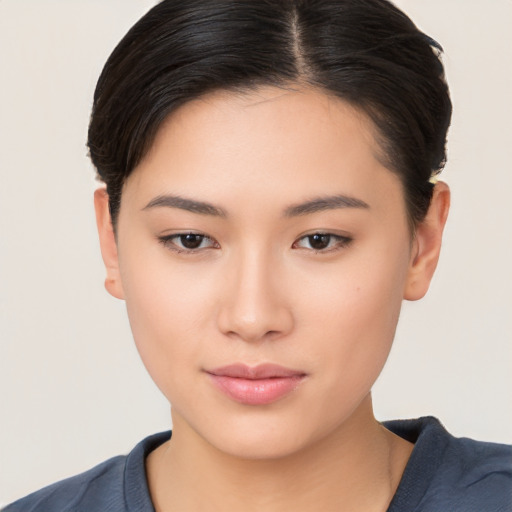 Neutral asian young-adult female with short  brown hair and brown eyes