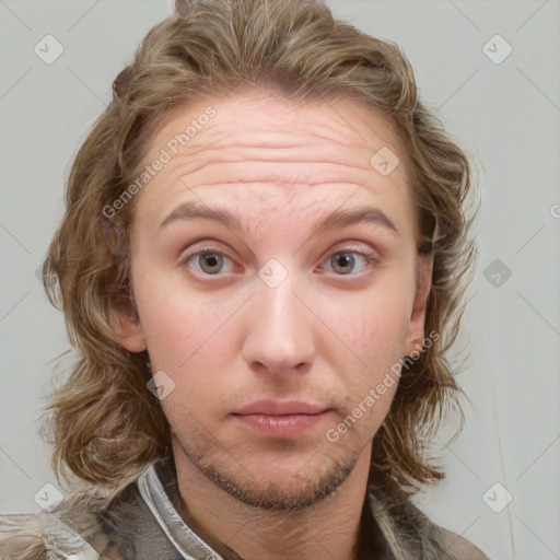 Neutral white young-adult female with medium  brown hair and grey eyes