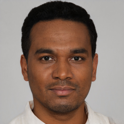 Neutral black young-adult male with short  black hair and brown eyes