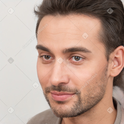 Neutral white young-adult male with short  brown hair and brown eyes