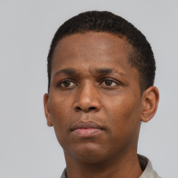 Neutral black young-adult male with short  black hair and brown eyes