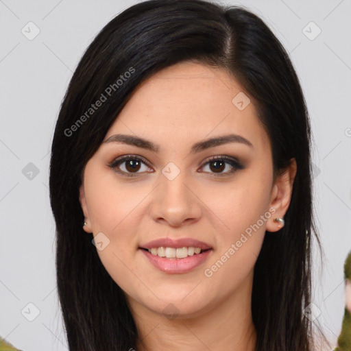 Joyful white young-adult female with long  brown hair and brown eyes