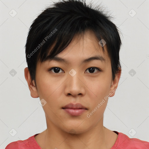 Neutral asian young-adult female with short  black hair and brown eyes