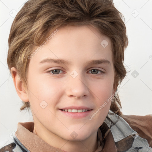 Joyful white child male with short  brown hair and brown eyes