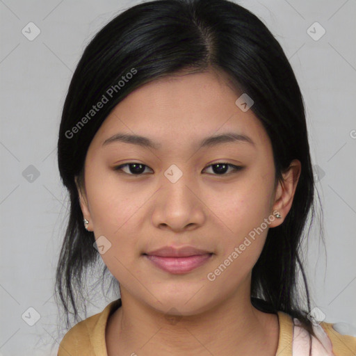 Joyful asian young-adult female with medium  black hair and brown eyes