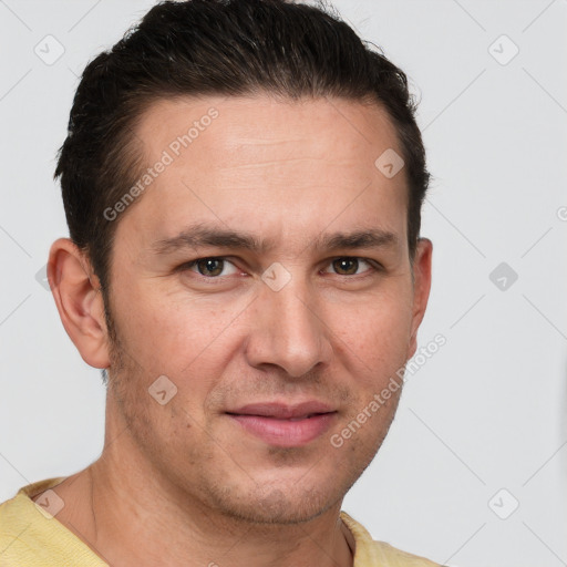 Joyful white young-adult male with short  brown hair and brown eyes