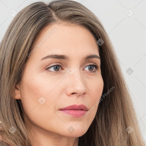 Neutral white young-adult female with long  brown hair and brown eyes