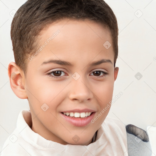 Joyful white child female with short  brown hair and brown eyes