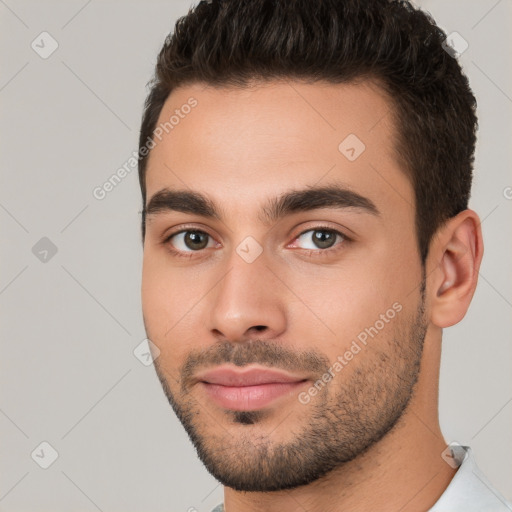 Neutral white young-adult male with short  brown hair and brown eyes