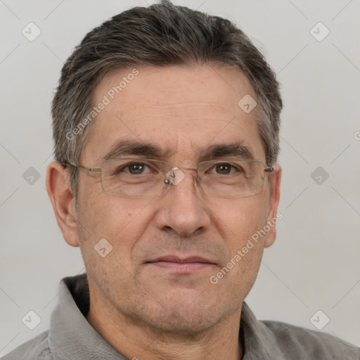 Neutral white middle-aged male with short  brown hair and brown eyes