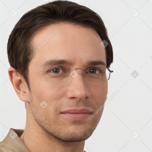 Neutral white young-adult male with short  brown hair and grey eyes