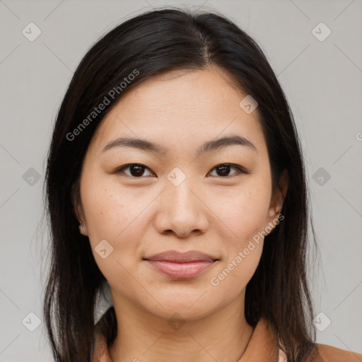 Joyful white young-adult female with medium  brown hair and brown eyes