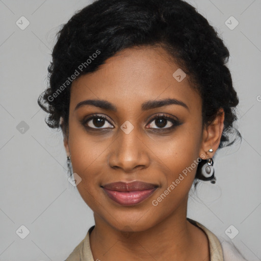 Joyful black young-adult female with medium  black hair and brown eyes