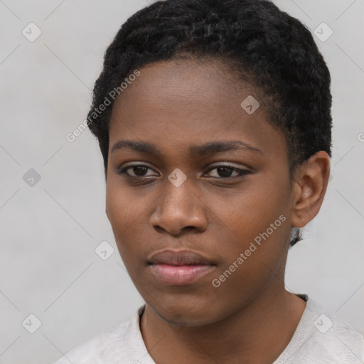 Neutral black young-adult female with short  black hair and brown eyes