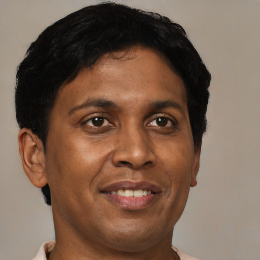 Joyful black adult male with short  brown hair and brown eyes