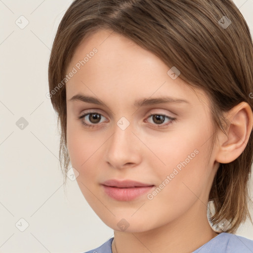 Neutral white young-adult female with medium  brown hair and brown eyes