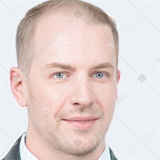 Joyful white young-adult male with short  brown hair and blue eyes