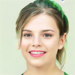 Joyful white young-adult female with medium  brown hair and green eyes