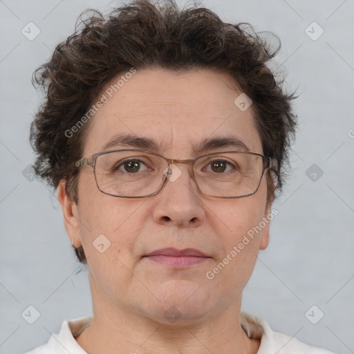 Neutral white adult female with short  brown hair and brown eyes