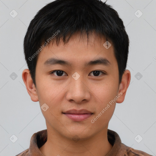 Neutral asian young-adult male with short  brown hair and brown eyes