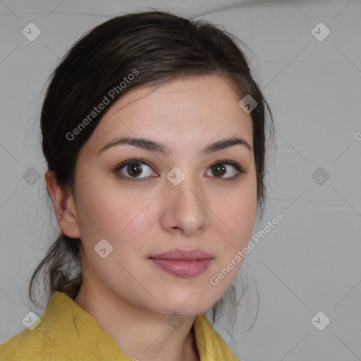Neutral white young-adult female with medium  brown hair and brown eyes