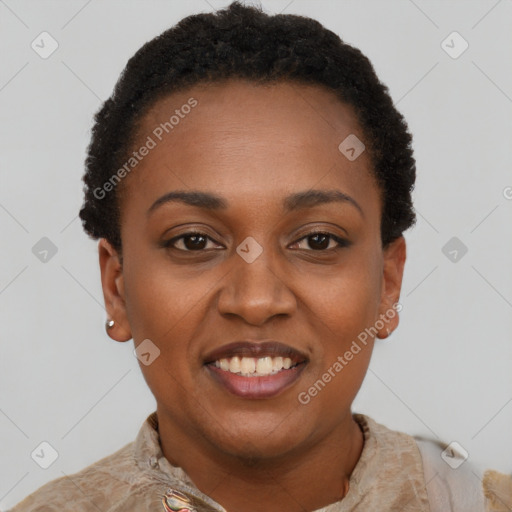 Joyful black young-adult female with short  brown hair and brown eyes