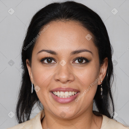 Joyful latino young-adult female with medium  brown hair and brown eyes