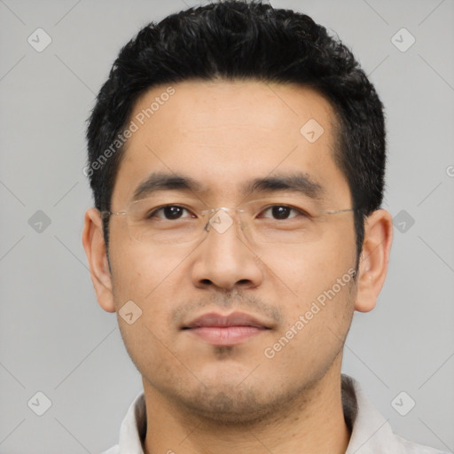 Neutral asian young-adult male with short  black hair and brown eyes