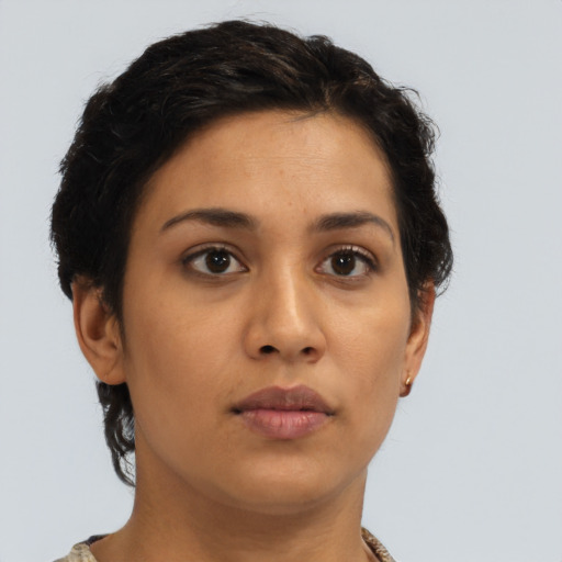 Neutral latino young-adult female with short  brown hair and brown eyes