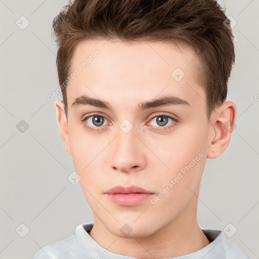 Neutral white young-adult male with short  brown hair and brown eyes